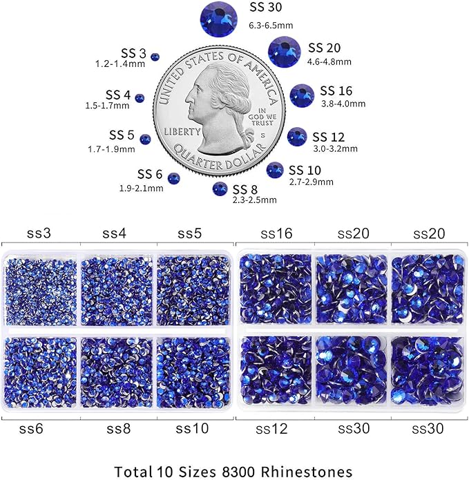 Beadsland 8300PCS Flatback Rhinestones, Royal Blue Rhinestone Round Crystal Rhinestones for Crafts, Mixed 10 Sizes with Wax Pencil and Tweezer Kit, SS3-SS30, Sapphire