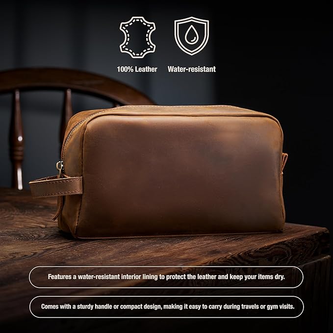 Awesometik Mens Travel Bag Toiletries Organizer Case for Grooming, Toiletry Bag for Men, Travel Essentials Shaving Dopp Kit, Geniune Leather Water Resistant Cosmetic Bag Pouch (Light Brown)