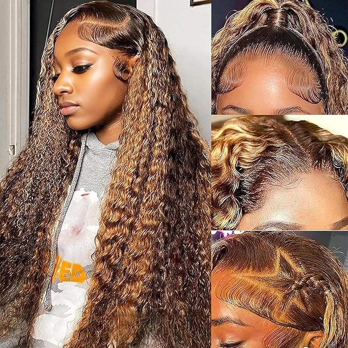 26 inch 13x6 Highlight Ombre Lace Front Wigs Human Hair P4/27 Honey Blonde Lace Frontal Wigs Human Hair 180 Density Colored deep Curly HD Lace Front wigs Human Hair Wig Pre Plucked with Baby Hair