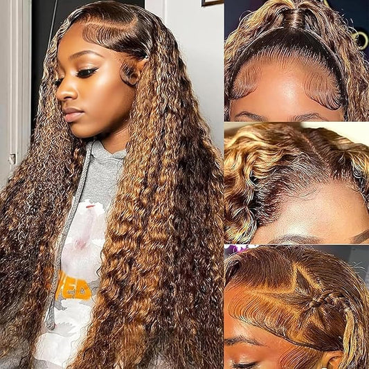 26 inch 13x6 Highlight Ombre Lace Front Wigs Human Hair P4/27 Honey Blonde Lace Frontal Wigs Human Hair 180 Density Colored deep Curly HD Lace Front wigs Human Hair Wig Pre Plucked with Baby Hair