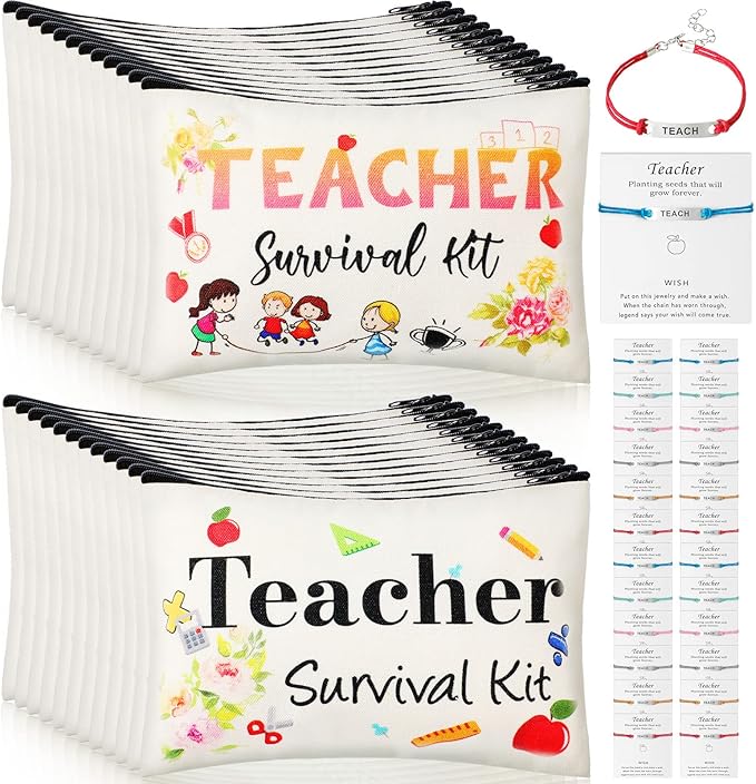 48 Pieces Teacher Appreciation Present Set, 24 Pieces Teacher Survival Kit Makeup Bag Pouch, 24 Pieces Teacher Blessing Card Bracelet, Teacher Cosmetic Bag Kit for Graduation Party