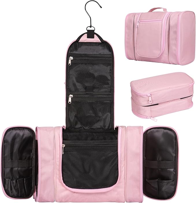 SPLF Extra Large Hanging Travel Toiletry Bag for Women, Water-resistant Toiletry Bags for Traveling, Makeup Cosmetic Bathroom Travel Bag for Toiletries, Shampoo, Full Sized Container- Pink