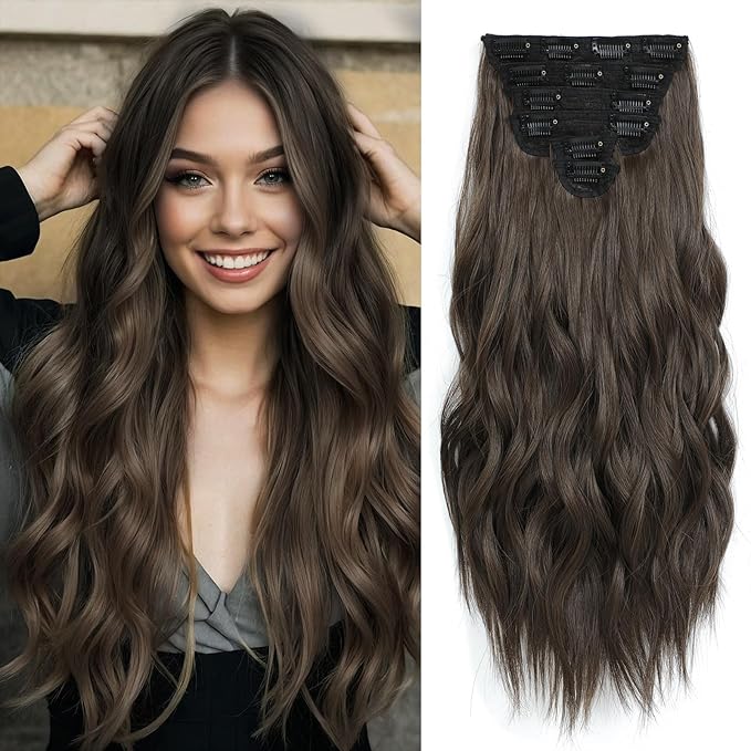 Clip in Hair Extensions for Women - 20 Inch Long Wavy Brown Extensions, 6PCS Chestnut Brown Hairpieces that Blend Naturally with Your Real Hair (20 Inch, Chestnut Brown)