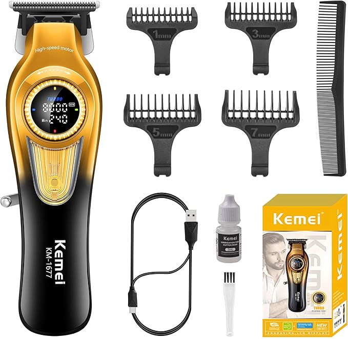 KEMEI 1677 Beard Trimmer for Men, Professional Hair Clippers, Cordless Barber Clipper with LED Display, DLC T-Blade Hair Trimmer, 8000 RPM Turbo Brushless Motor