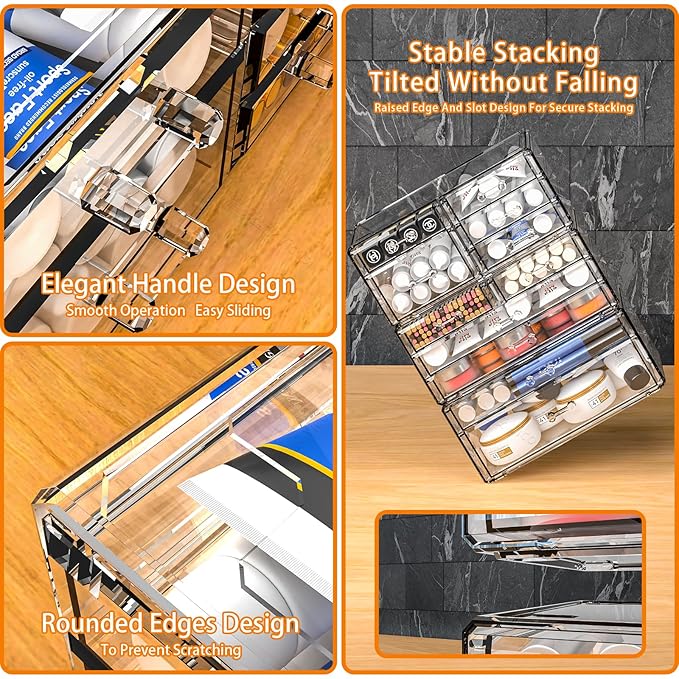 Cq acrylic 4 Pack Clear Makeup Organizer for Counter,13 Drawers Stackable Skincare Organizer,Large Cosmetic Storage Organizer for Jewelry,Hair Accessory,Beauty,Skin Care,Vanity Organizers and Storage