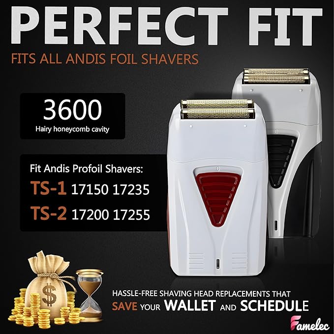 Replacement Heads for Andis Shaver Pro-Foil & Lithium - Super Soft Gold Titanium Cutters for Andis Foil Shaver Replacement TS1 17150 17235 17220 TS2 17200, Compatible with Razor Blades
