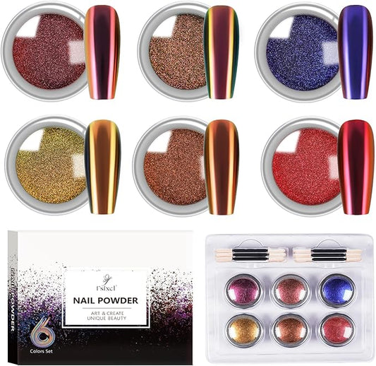 Chrome Nail Powder Iridescent Chameleon Effect Glitter Color Shift Rubbing Pigment Dust Nail Art Decoration, 6 Colors Set 0.5g/Jar