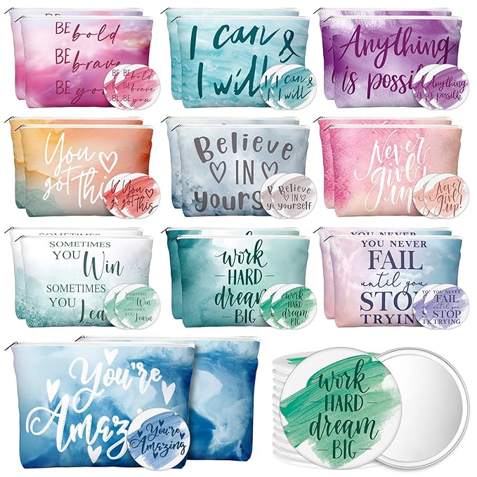 20 Pcs Employee Appreciation Gifts 10 Inspirational Canvas Makeup Bags 10 Compact Mirrors Bulk Cosmetic Bags Round Portable Pocket Mirror Thank You Gifts for Women (Motivation)