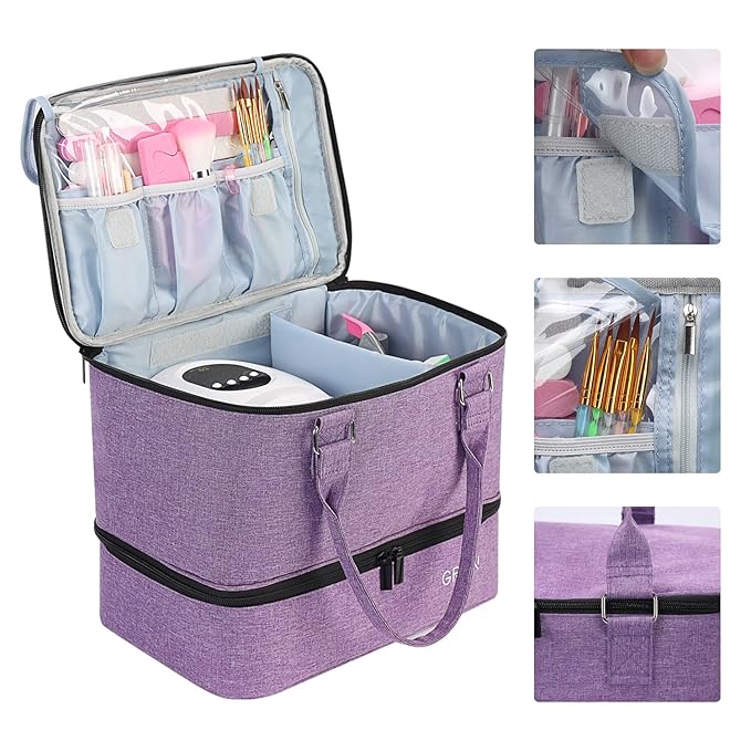 Nail Polish Organizer Bag,Double Layer Nail Polish Storage Fits a Nail Lamp and 40 Bottles,Great Size Nail Storage Organizer For Nail Drill,Nail Supplies Set (Bag Only)-Purple