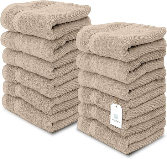 White Classic Luxury Washcloths for Bathroom-Hotel-Spa-Kitchen-Set - Circlet Egyptian Cotton - Highly Absorbent Hotel Quality Face Towels - Bulk Set of 12-13x13 Inch (Taupe)