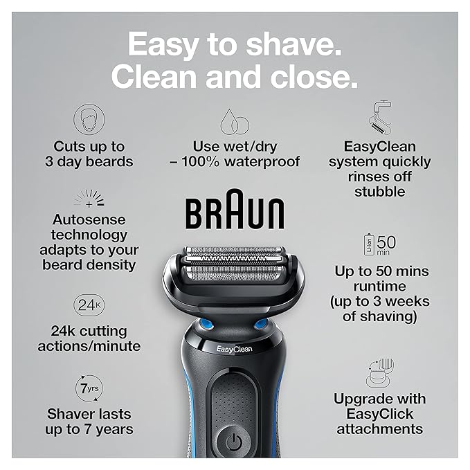 Braun Series 5 5049cs Electric Shaver with Charging Stand, Beard Trimmer, Face Shaver, Wet & Dry, Rechargeable, Cordless Foil Shaver, Blue