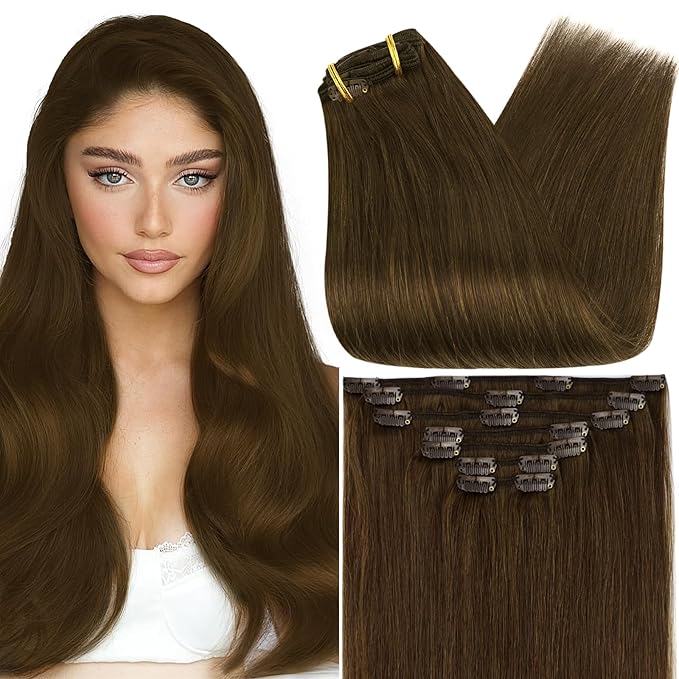 Full Shine Human Hair Clip in Extensions Brown 14 Inch Real Hair Extensions Clip in Human Hair Light Brown Invisible Straight Hair Extensions for Women Thick Ends 7 Pcs 120 G