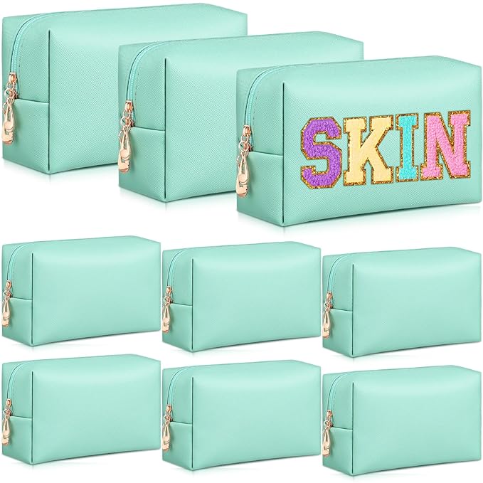 Sanwuta 9 Pcs Preppy Makeup Bag PU Leather Cosmetic Bag Makeup Pouch Plain Waterproof Toiletry Organizers for Traveling Preppy Travel Purse End of the Year Teacher Gifts Bulk(Green)