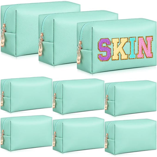 Sanwuta 9 Pcs Preppy Makeup Bag PU Leather Cosmetic Bag Makeup Pouch Plain Waterproof Toiletry Organizers for Traveling Preppy Travel Purse End of the Year Teacher Gifts Bulk(Green)