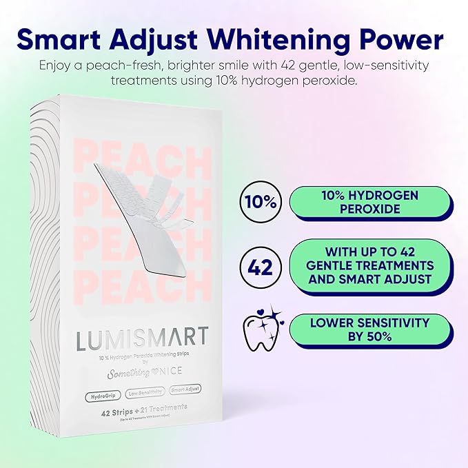 Something Nice Lumismart Whitening Strips - Dentist-Designed, Enamel Safe, up to 42 Treatments with Smart Adjust - Teeth Whitening Strips in Peach for Sensitive Teeth