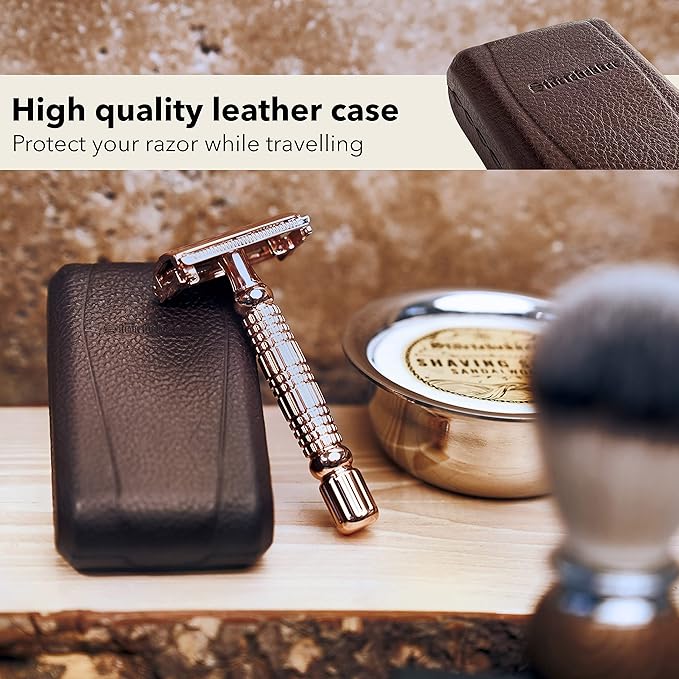 Störtebekker® Premium Men's Safety Razor ‘Hamburg’ - incl. handmade leather case with built-in mirror, 10 Störtebekker blades & shaving guide - First Class Wet Razor shaving set - Gift Idea for Men
