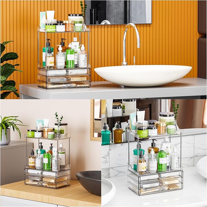 2 Tier 3-Drawer Bathroom Counter Storage Organizer - Stackable Design - 14.4" Tall Large Cosmetic Organizer Suitable as Makeup,Beauty,Face Product,Lotion,Skincare Organizer,Clear