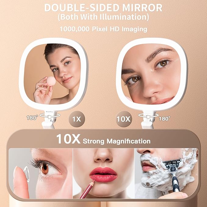 6.3” Makeup Mirror with Light and Magnification, 10X/1X Light Up Makeup Mirror Lighted Make Up Mirror with Adjustable Height Double Sides Folding Magnifying Mirror with Light