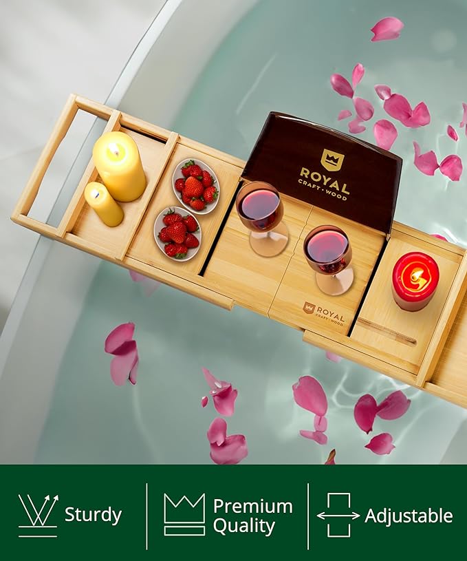 ROYAL CRAFT WOOD Premium Foldable Bathtub Tray - Wood Bath Tray for Tub, Bamboo Shelf, Expandable Bath Table Trays, Bathtub & Bathroom Accessories for New Home & Mothers Day & Birthday Gifts for Mom