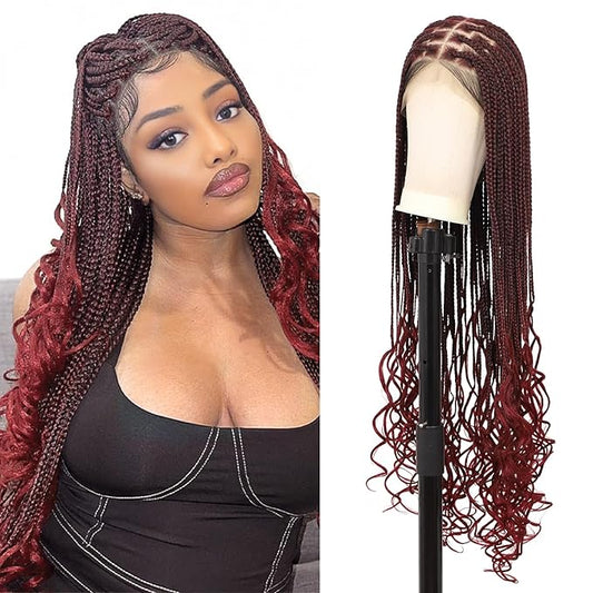 360° HD Full Lace Knotless Braided Wigs for Women Box Braid Wig with Curly End Braided Lace Front Wigs Hair Human Hair Blended Braid Wig with Baby Hair Burgundy 36Inch