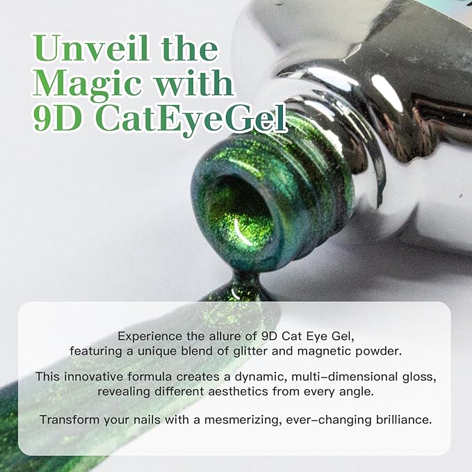 9D Cat Eye Gel Nail Polish Set, 15ml Black Gel + 15ml Emerald Glimmer Cat Eye Gel, Includes Silicone Handle Cylinder Magnetic Stick for Mesmerizing 9D Effects