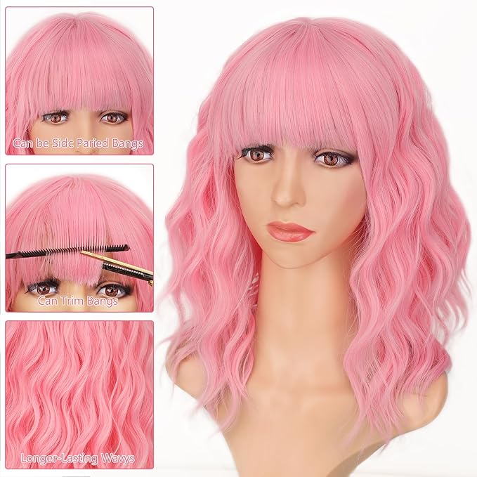 AISI HAIR Curly Bob Wig with Bangs Short Wavy Pink Color Wigs for Women Bob Style Synthetic Heat Resistant Bob Wigs