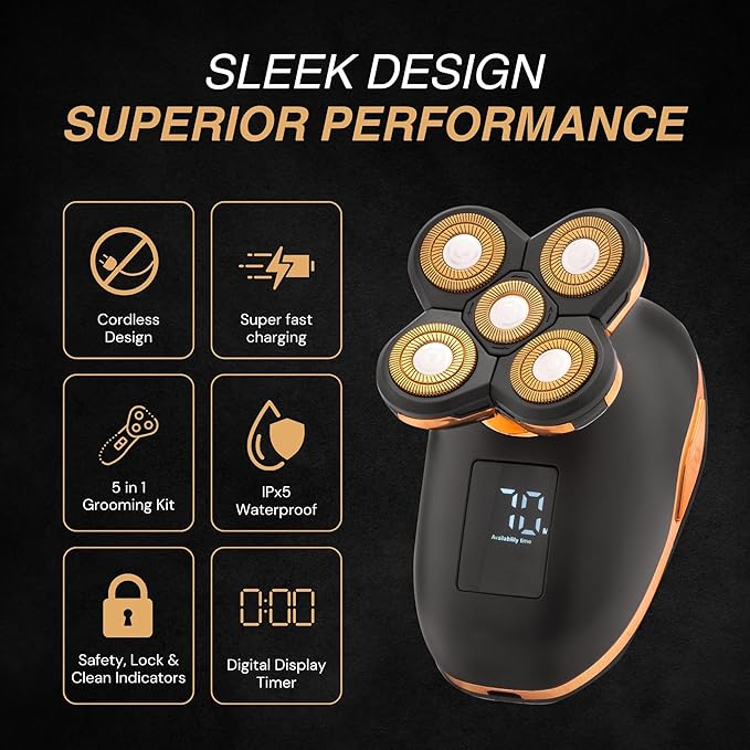 Asani 5 in 1 Electric Razor for Men and Women, USB Rechargeable and Waterproof Cordless Trimmer, Includes Rotating Bald Head Shaver, Nose Hair Trimmer, Beard Shaper, Silicone Brush, & Cleansing Brush