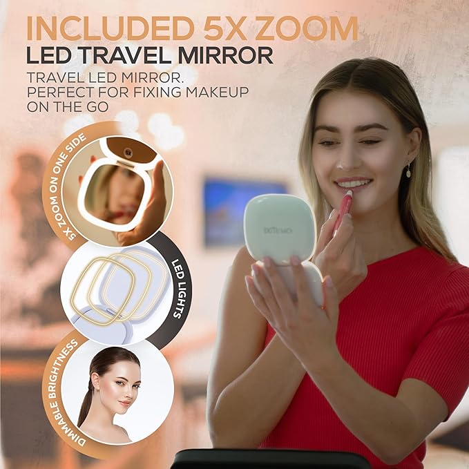 Makeup Bag Detachable LED Mirror With Stand 3 Adjustable Brightness 5x Zoom LED Travel Mirror Portable Cosmetics Case Brush Holder Organizer Adjustable Dividers Faux Leather Waterproof Gift