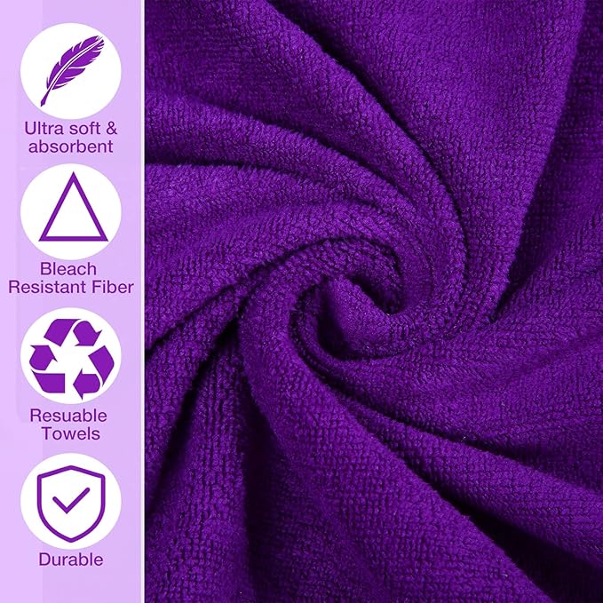 Newwiee 72 Pack Microfiber Bleach Proof Towels Bulk for Salon 18 x 30 Inch Dry Lint Free Hair Drying Hand Towels for Hair, Gym, Bath, Spa, Shaving, Barber(Purple)