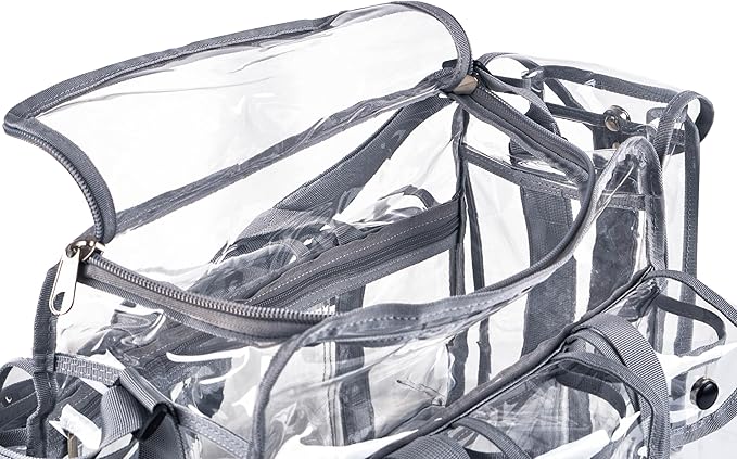 Wide Mouth Large Professional Clear PVC Travel Makeup Artist Set Bag Cosmetic Nails Beauty Bag Transparent Vinyl Tool Organizer Work Bag Beach Bag Diaper Bag with 6 External Pockets & Strap (Grey)