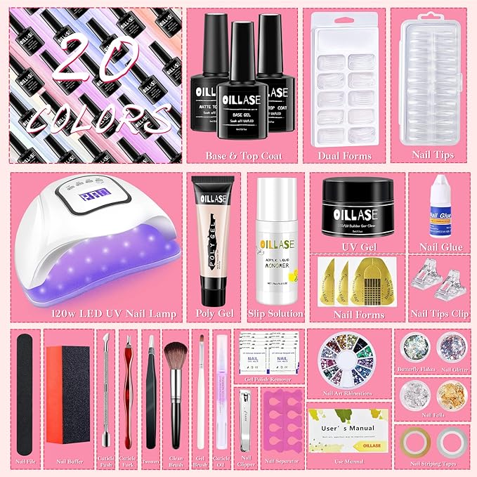 20 Colors Gel Nail Polish Kit with UV Light Starter Kit, 3 Styles Nail Extension, Poly Extension Gel, Builder Gel, Nail Tips, Nail Polish Sets for Women, Gel Nail Polish Set with Top and Base Coat