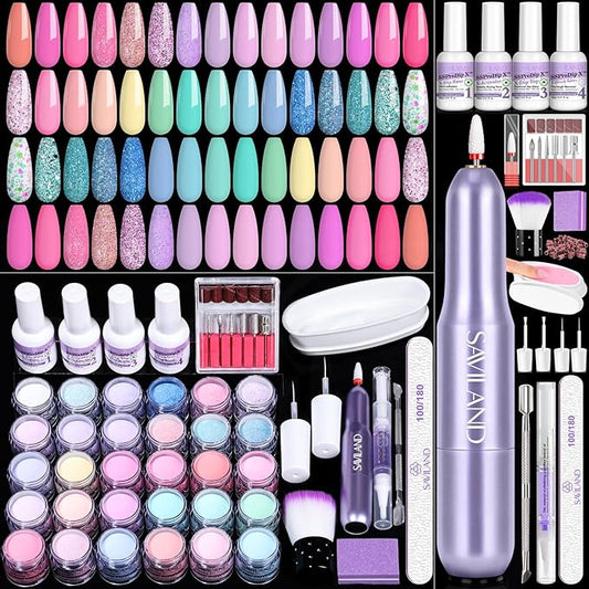 SAVILAND Dip Powder Nail Kit with Drill: 30 Colors Mermaid Dip Nails Powder Starter Kit Dip Powder Liquid Set Dip Base & Top Activator Brush Saver All-in-1 Dip Nail Kit French Nail Art Manicure Salon