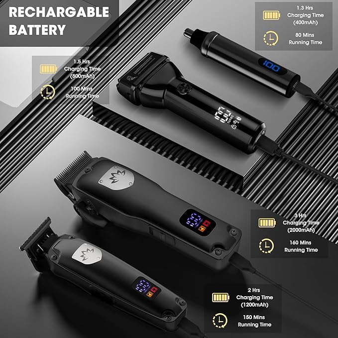 Karrte Professional Hair Clippers and Trimmer Set for Men, T-Shaper Trimmer & Foil Shaver, Nose & Ear Hair Trimmer, Cordless Clippers and Grooming Set, Hair Cutting Kit with LED Display Black