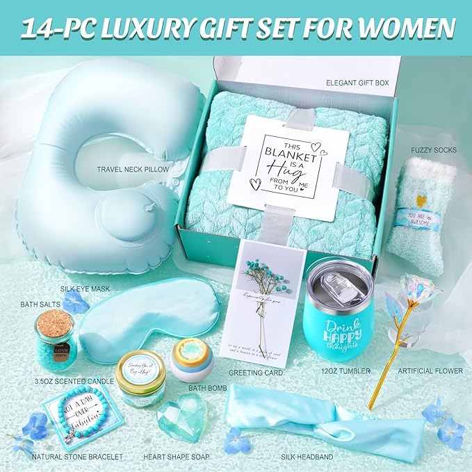 LUCOTIYA Birthday Gifts for Women Self Care Gifts Get Well Soon Gifts,Ocean Relaxing Spa Gift Basket Care Package with Blanket, Idea Thinking of You Gifts for Mom Her Best Friends Sister Wife