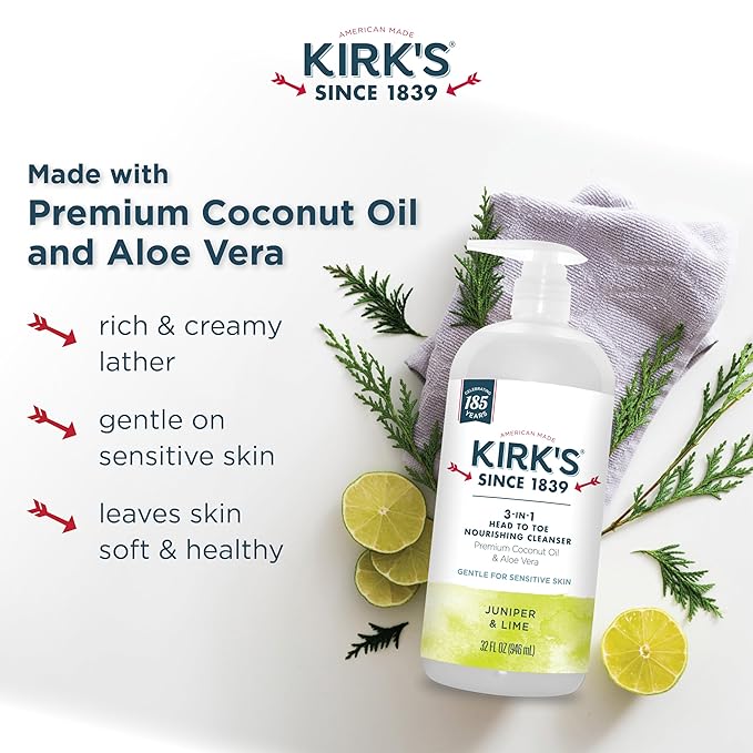 Kirk's 3-in-1 Head to Toe Nourishing Liquid Cleanser- for Men, Women & Children - Premium Coconut Oil & Aloe Vera- Non GMO & Vegan -Juniper & Lime - 32 Fl Oz 2 Pack