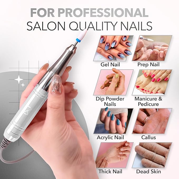 M Mase- Professional Nail Drill Machine - 2-in-1 Nail File - Cordless, 35000 RPM, HD Display - Gift for Her - Electric Nail Drill for Professional & Home Use (White)