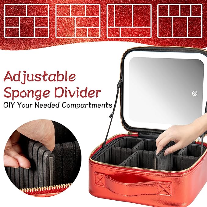 Makeup Travel Train Case with Mirror LED Light 3 Adjustable Brightness Cosmetic Bag Portable Storage Adjustable Partition Waterproof Brushes Make up Jewelry Gift for Women