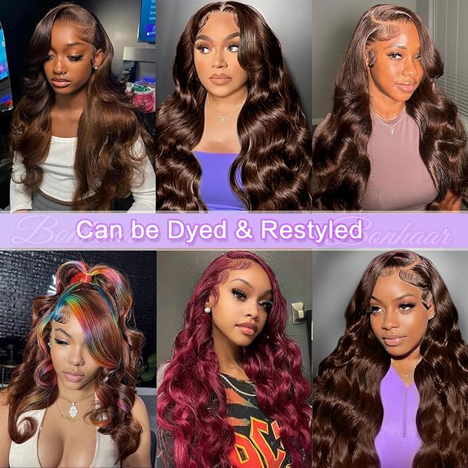 28 Inch Chocolate Brown Lace Front Wig Human Hair 13x6 Body Wave 180 Density HD Pre Plucked with Baby Hair Colored Frontal Wigs for Women