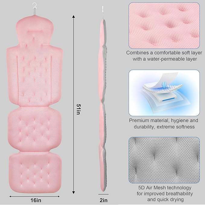 Full Body Bath Pillow, Luxury Bath Cushion with 192 Suction Cups, Bath Pillows for Tub for Head and Neck Support, with Laundry Bag Pink, 51" x 16"