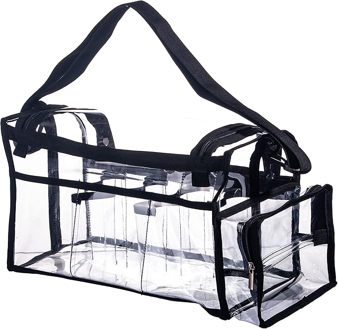 Large Professional Free Standing Clear PVC Makeup Artist Set Bag Transparent Makeup Brush Buddy Make up Kits Organizer Carry All MUA Travel Cosmetic Bag with 8 Dividers and Tissue Holder