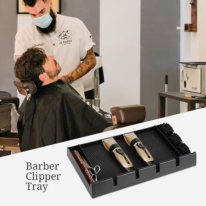 Segbeauty Clipper Rack, Salon Anti-Slip Barer Clipper Tray Tray Organizer, Plastic Razor Case with 4 Notches, Professional Hair Trimmer Holder Clipper Mats for Stations Barber Tools Box Black