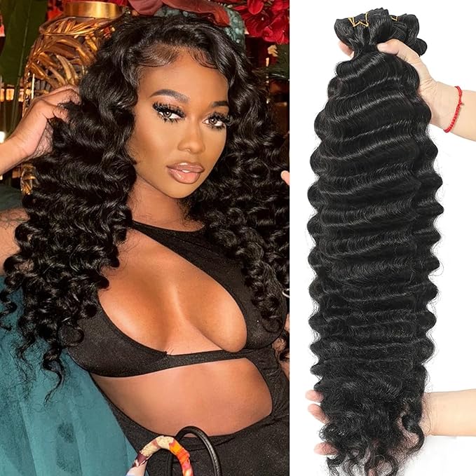 Loose Deep Wave Bundles Human Hair 4 Bundles Human Hair Deep Wave 14 16 18 20 Inch 100% Unprocessed Raw Brazilian Wavy Hair Weave Bundles Natural Black Color for Women