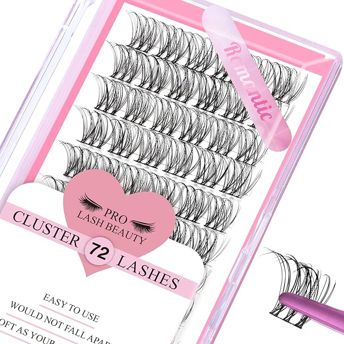 PRO LASHBEAUTY Cluster Lashes, 72 Pcs Individual Lashes, DIY Eyelash Extension, Super Thin Band Reusable Soft & Comfortable (Black, Romantic-D-16mm)