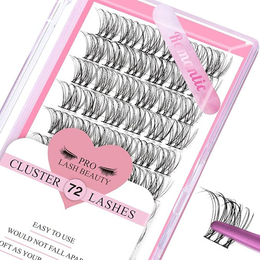 PRO LASHBEAUTY Cluster Lashes, 72 Pcs Individual Lashes, DIY Eyelash Extension, Super Thin Band Reusable Soft & Comfortable (Black, Romantic-D-16mm)