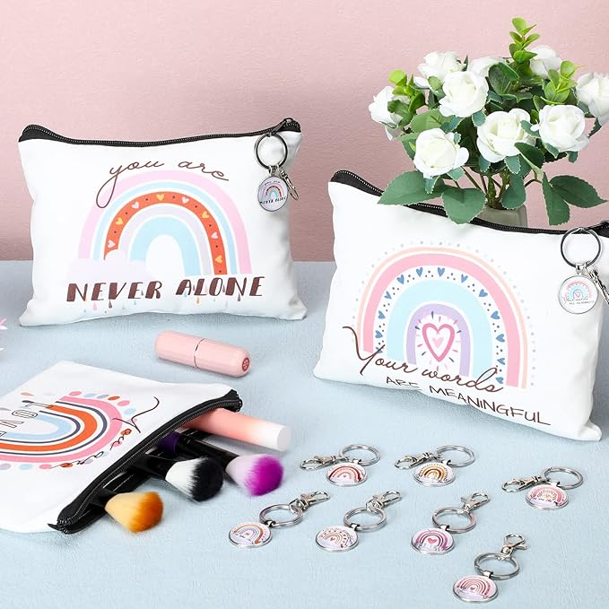 Pinkunn Rainbow Canvas Cosmetic Bag Bulk with Inspirational Quote Keychains Set 16 Pcs Cosmetic Bags 16 Pcs Keychains You are Amazing Beautiful Kind Travel Pouch Zipper for Graduation Gift