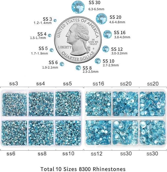 Beadsland 8300PCS Flatback Rhinestones, Blue Rhinestone Round Crystal Rhinestones for Crafts, Mixed 10 Sizes with Wax Pencil and Tweezer Kit, SS3-SS30, Aquamarine