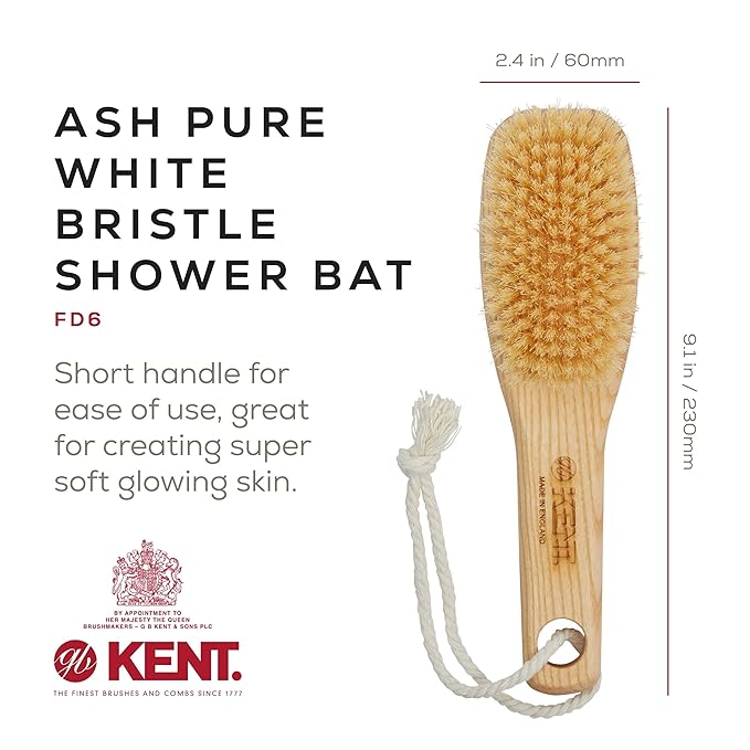 KENT FD6 9" Beechwood Wood Short Handle Shower Bath Body Brush. for Skin Exfoliate & Massage. 100% White Boar Bristles. Best Body, Foot and Leg Scrubber Brushing for Wet and Dry Body. Made in England