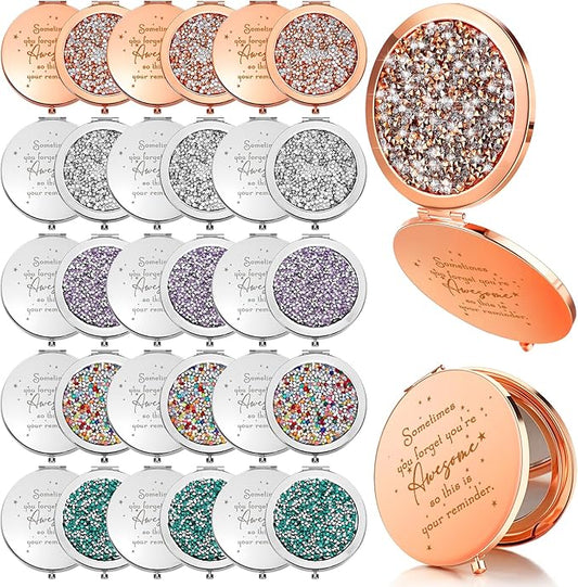 Roowest 30 Pcs Inspirational Compact Mirror Sometimes You Forget You're Awesome Appreciation Gifts for Women Mother's Day Party Favors Magnifying Pocket Mirror (Assorted Colors)