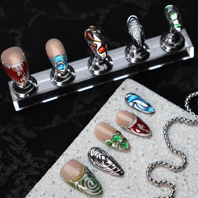 Almond Press on Nails Handmade Medium Long/Stiletto 3D Flower Fake Nail with Designs, Women Reusable False Nails (French Tip Silver, L)