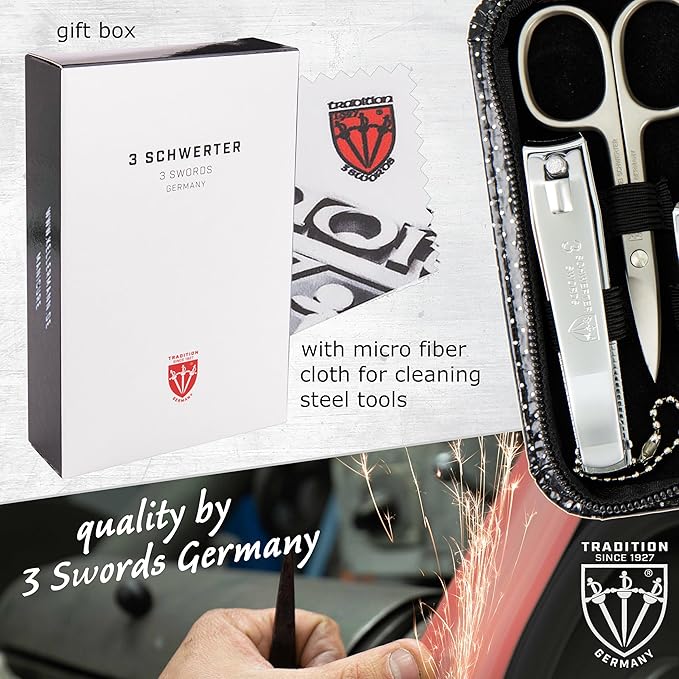 3 Swords Germany – brand quality 8 piece manicure pedicure grooming kit set for professional nail care with synthetic leather case black silver spots - Made in Germany